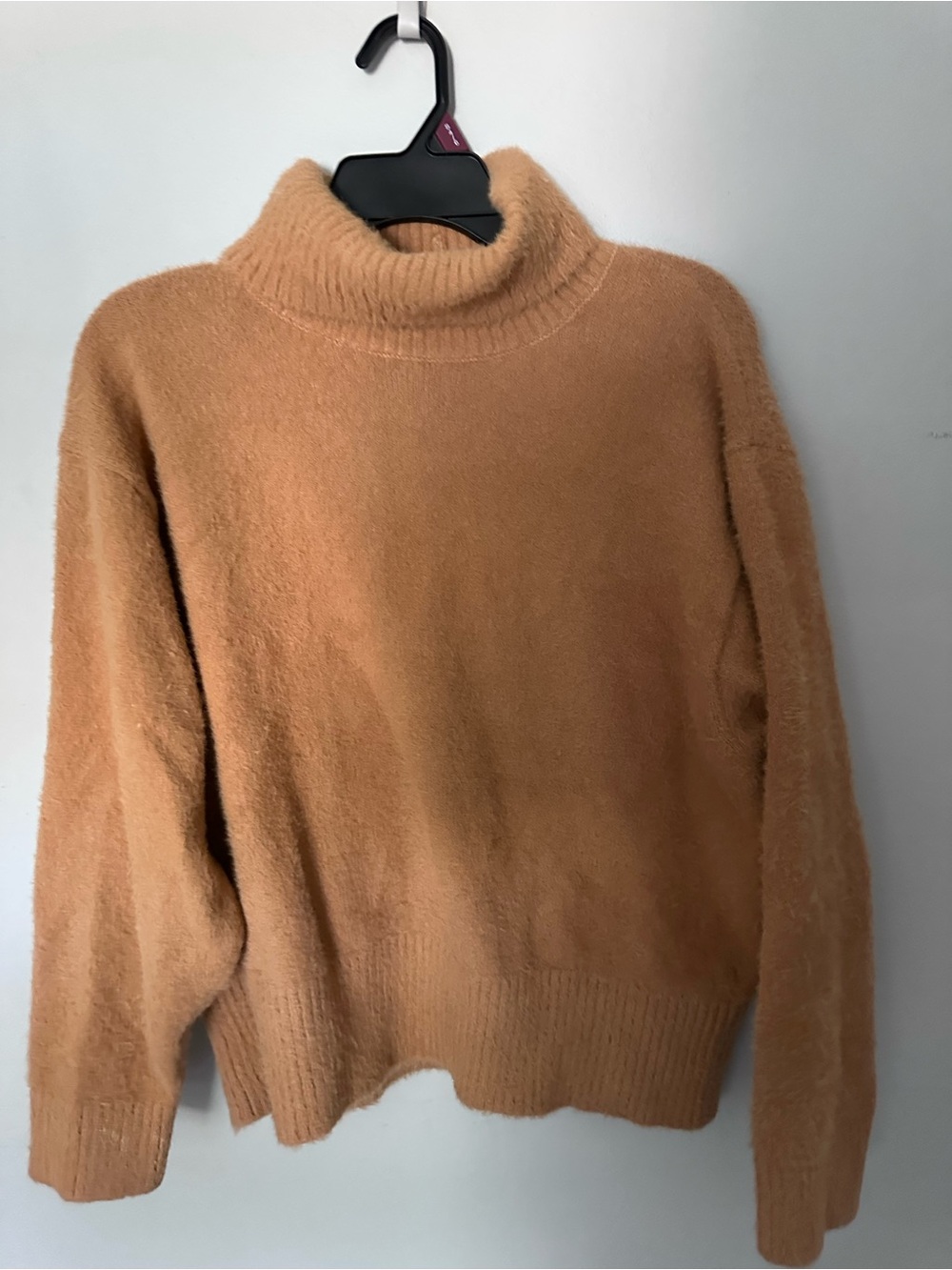 CALIA Fuzzy Eyelash Knit Turtleneck Sweater Camel Tan Soft Cozy Pullover